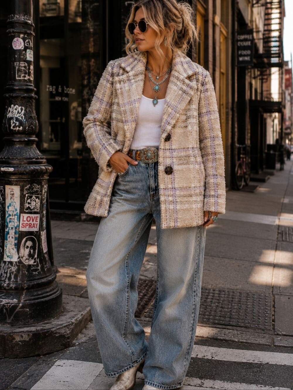 Sam Edelman Cream & Lavender Plaid Teddy Jacket Textured Blazer Coat